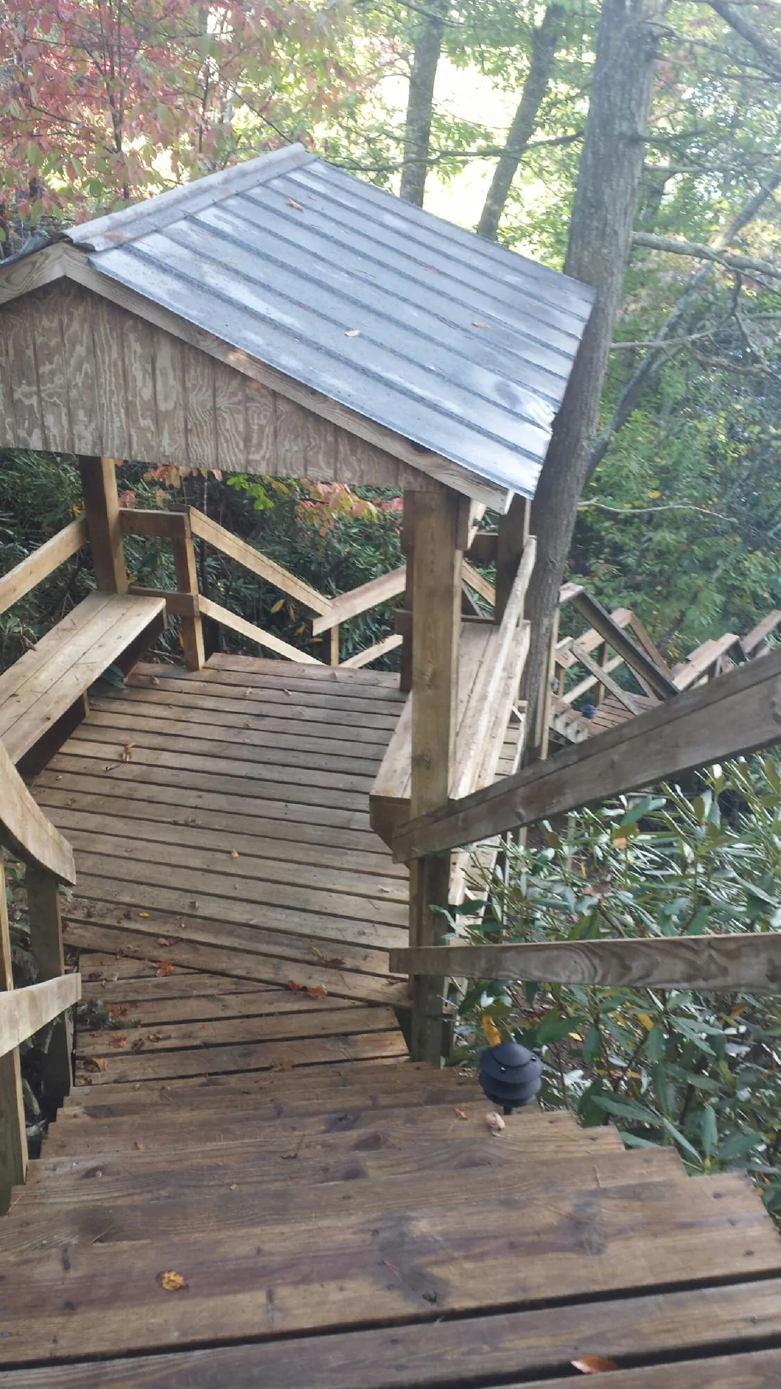 Metal roofed shelter over wooden steps on a wooded walkway — Skylight Repair & Installation work by our crew in Mars